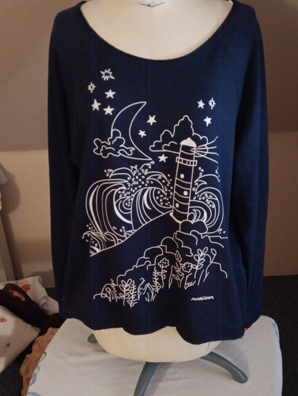 Marushka Navy Scoop-Neck with Hand Painted Graphic Lighthouse Shirt